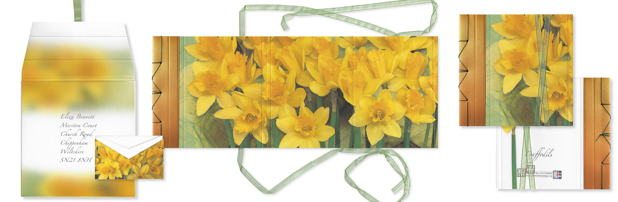 daffodil card design header, bronze, green, yellow, handmade elegant card design