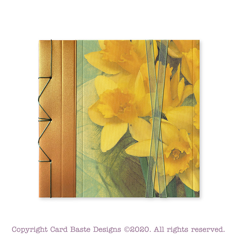 Daffodil card design, bronze, yellow, and green, handmade